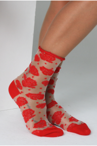 Фантазийные носки красного цвета с тюлевой вставкой и цветочным узором KATHERINE | Sokisahtel
