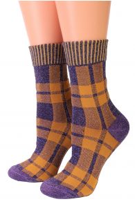 Женские блестящие носки горчично-сиреневого цвета с узором в "Шотландскую" клетку KEITH от Pierre Mantoux | Sokisahtel