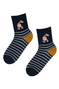 Dark blue cotton women's socks with stripes and dog motif, featuring a yellow heel.