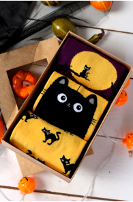 Подарочный набор из 3 пар ярких и красочных хлопковых носков с чёрными кошками на Хэллоуин SPOOKY CAT | Sokisahtel