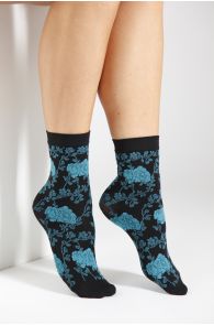 Женские носки черного цвета с цветочным узором бирюзово-синего цвета KLAARA 60DEN | Sokisahtel