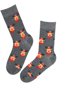 Gray cotton socks with reindeer and snowman patterns.