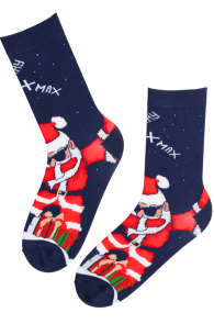 Blue cotton socks with a pattern of Santa Claus and gifts, labeled 'Xmas'.