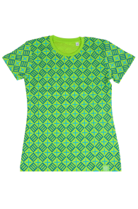 Green women's T-shirt featuring a blue geometric pattern design.