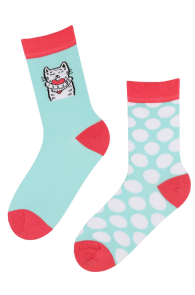 Хлопковые носки в оттенках мятно-бирюзового с изображением кружочков и мультяшного кота с сердечком LEENI | Sokisahtel