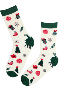 White cotton socks with Christmas-themed patterns such as deer and gifts.