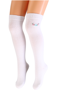 White cotton knee-high socks decorated with flowers