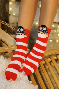 Red and white striped cotton socks with a Christmas-themed reindeer design.