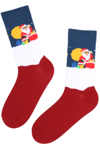 Red cotton socks with colorful Santa Claus patterns on the upper part.