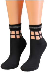 Фантазийные носки чёрного цвета с блестящим краем и тюлевыми вставками MARLEY | Sokisahtel