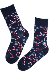 Black cotton knee-high socks with candy cane and snowflake patterns