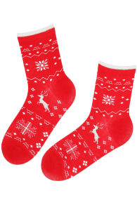 Хлопковые носки красного цвета с зимним узором и северными оленями MEETA | Sokisahtel