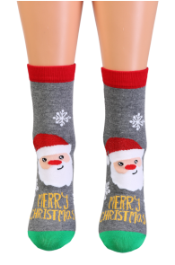 Gray cotton Christmas socks featuring a Santa image and green heels.
