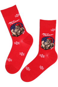 Хлопковые носки красного цвета в Рождественской тематике с брутальным Мужиком Морозом MICK | Sokisahtel