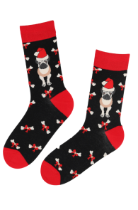 Хлопковые носки чёрного цвета с изображением нарядной собачки-мопса и косточек в рождественской тематике MIKAEL | Sokisahtel