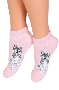 Детские хлопковые укороченные (спортивные) носки светло-розового цвета с изображением милой собачки MUKI | Sokisahtel