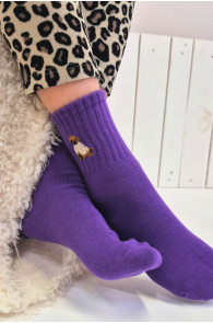 Purple cotton socks for children with bear embroidery.