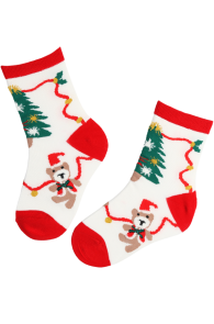 White children's Christmas socks with red heels and toes, decorated with bears and Christmas trees.