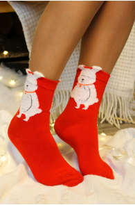 Red cotton Christmas socks decorated with a snowman image.