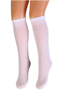 White cotton knee-high socks for girls, decorated with heart patterns.