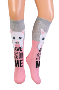NOVA pink cotton knee-highs with cats for kids | Sokisahtel
