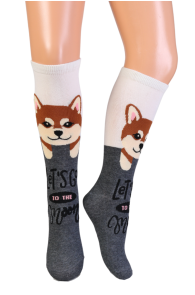 Puuvillased põlvikud lastele, millel on mänguline Shiba Inu koera disain ja tekst 'Let's Go to the Moon'. Valge ülaosa ja hall alumine osa.