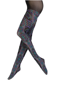 Colorful patterned tights featuring multicolored geometric designs.