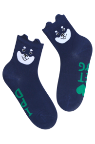 Хлопковые носки синего цвета с изображением мордочки весёлого пёсика с торчащими ушками и надписью PET DOG | Sokisahtel