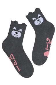 Хлопковые носки тёмно-серого цвета с изображением мордочки весёлого пёсика с торчащими ушками и надписью PET DOG | Sokisahtel