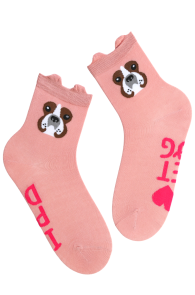 Хлопковые носки розового цвета с изображением мордочки весёлого пёсика с торчащими ушками и надписью PET DOG | Sokisahtel