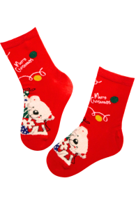 Red children's Christmas socks featuring a bear and 'Merry Christmas' text.