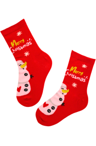 Red children's Christmas socks with a snowman and 'Merry Christmas' text