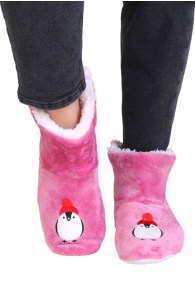 Тёплые домашние высокие тапочки розового цвета с твёрдой резиновой подошвой и очаровательным пингвином PINGU | Sokisahtel