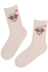 PONS creamy white warm socks with a dog | Sokisahtel