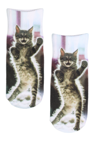 White cotton knee-high socks for children with a cat print.