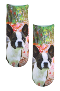 Colorful children's socks featuring a bulldog image and a nature-themed background.
