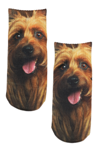 Children's socks with a vivid dog print, detailed and colorful design.