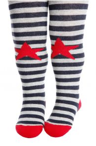 Gray and white striped baby socks with a red star pattern and red tops.