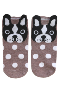 Укороченные хлопковые носки коричневого цвета с узором в виде собачек породы французский бульдог REX | Sokisahtel