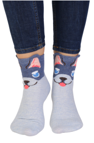 Хлопковые носки синего цвета с изображением весёлого пёсика с торчащими ушками REX | Sokisahtel