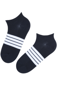 Хлопковые укороченные (спортивные) носки тёмно-синего цвета с белыми полосками RICCO | Sokisahtel