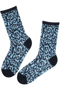 Тёплые носки из шерсти синего цвета с добавлением кашемира и леопардовым узором RIINU | Sokisahtel