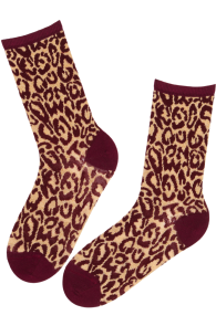 Тёплые носки из шерсти бордового цвета с добавлением кашемира и леопардовым узором RIINU | Sokisahtel