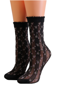 Женские полупрозрачные носки чёрного цвета с контрастными полосами и флористическим узором ROSITA | Sokisahtel