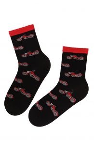 Black cotton socks with motorcycle pattern and red trim.