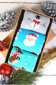 Праздничный подарочный набор из 3 пар весёлых и сказочных хлопковых носков в зимней тематике для мужчин и женщин SNOW FUN | Sokisahtel