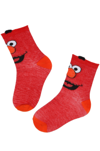 Red cotton socks for children, designed with a cartoon character face.