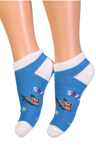 Детские хлопковые укороченные (спортивные) носки синего цвета с изображением смешных акул SHARK | Sokisahtel