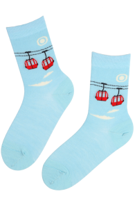 Тёплые носки из мериносовой шерсти голубого цвета с фуникулёром SKI CABIN | Sokisahtel