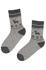 Женские тёплые шерстяные носки серого цвета с жаккардовым узором в зимних мотивах SNOWFALL | Sokisahtel